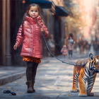 Young girl in pink coat walks city street with small realistic tiger toy on leash