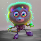 Vibrant creature with large eyes and neon fur on reflective surface