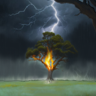 Flaming tree struck by lightning in stormy sky