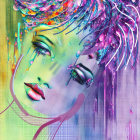 Vibrant portrait of a woman with closed eyes in psychedelic makeup and dripping paint