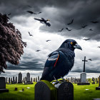 Raven on tombstone in gloomy cemetery with overcast skies