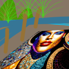 Colorful mosaic artwork of a woman's face on a beach at sunset