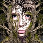 Surreal image blending woman's face with tree roots and branches