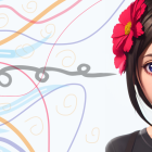 Digital artwork featuring girl with large glossy eyes and red flower in hair on swirling white and purple ribbon backdrop