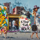 Fashionable woman walking dog by colorful mural and "STOP THE WAR" poster