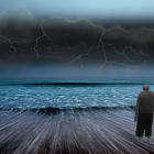 Figure in coat and hat facing stormy sea with lightning and turbulent waves