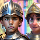 Children in knight costumes with metallic helmets against colorful backdrop