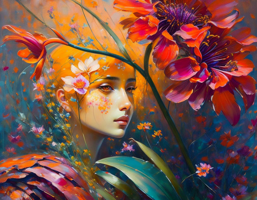 Colorful painting of a woman with floral hair and nature-inspired elements.