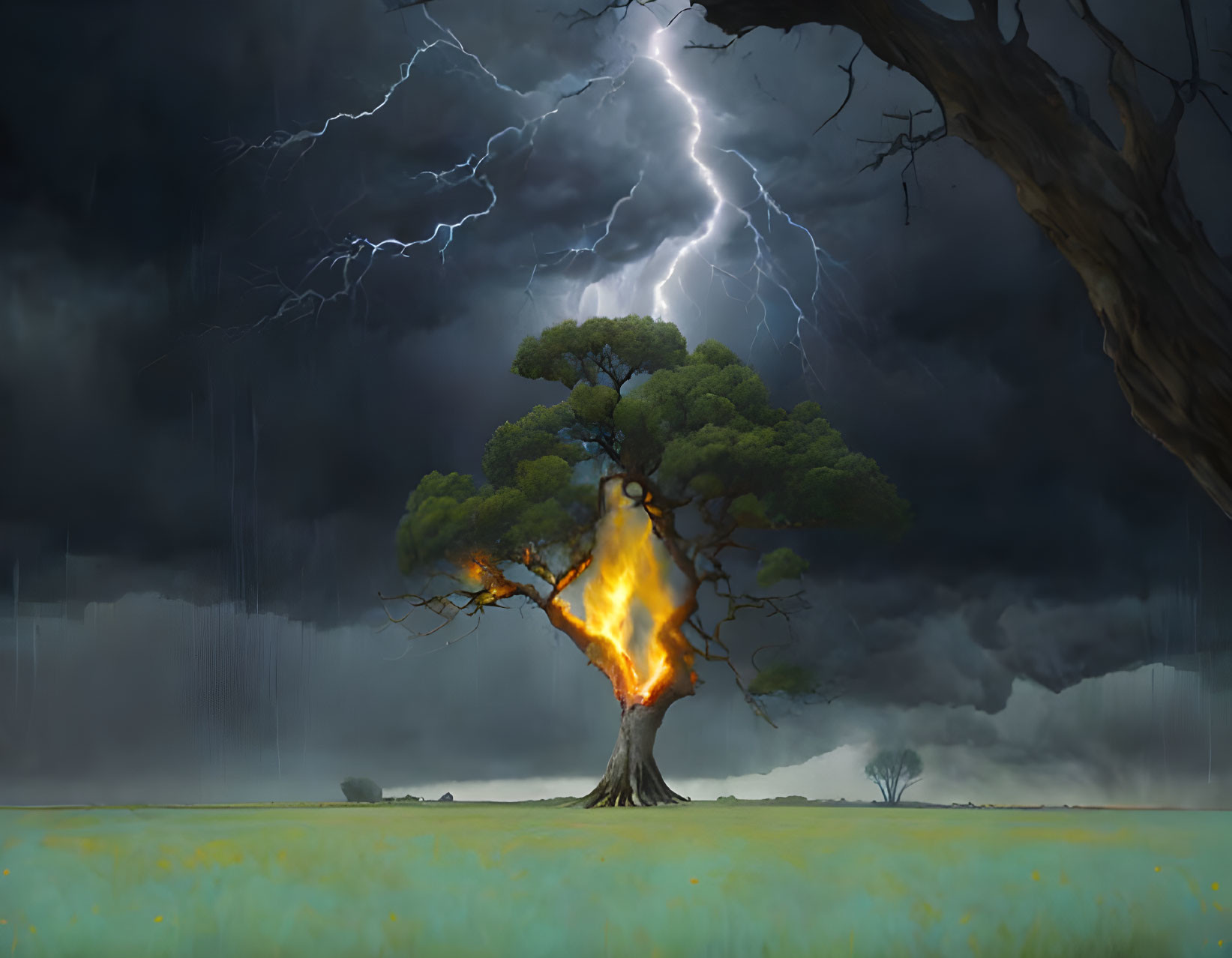 Flaming tree struck by lightning in stormy sky