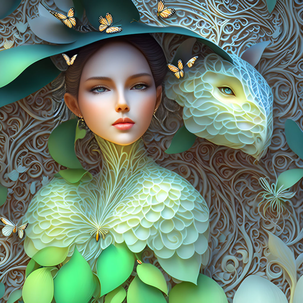 Fantasy illustration of woman with serpent creature and nature motifs