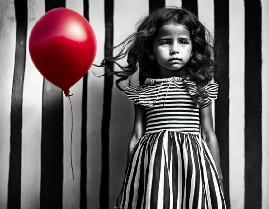 Young girl in striped dress with red balloon on striped background