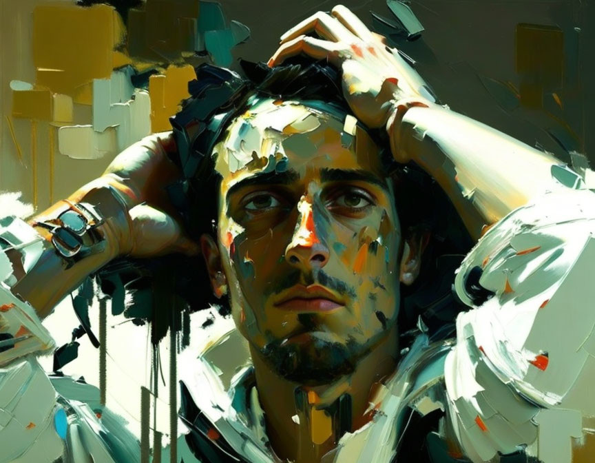 Intense man portrait with dark hair and abstract colors