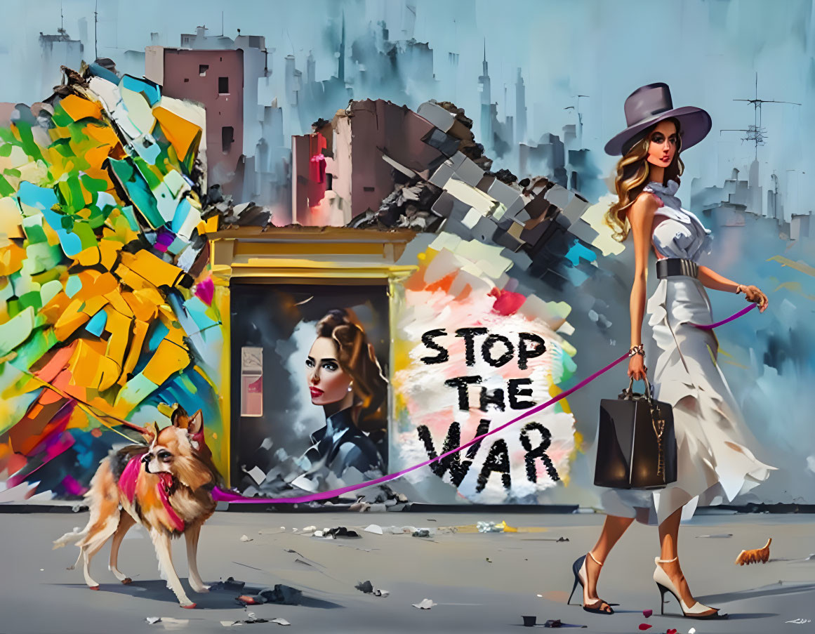 Fashionable woman walking dog by colorful mural and "STOP THE WAR" poster