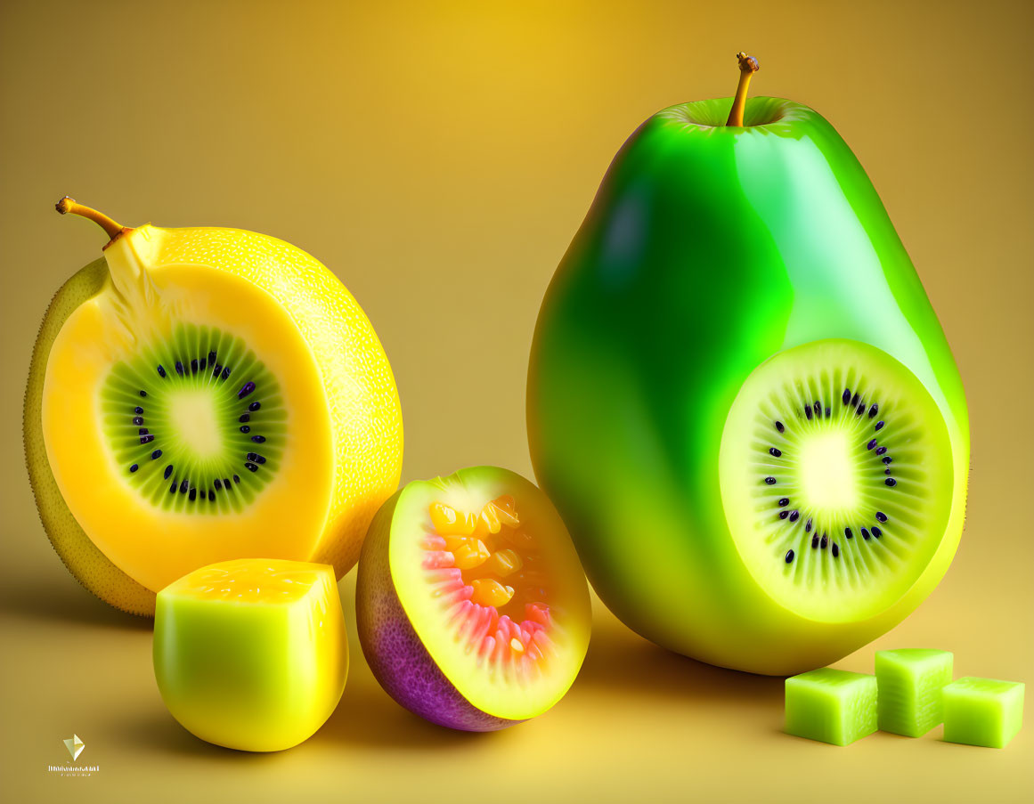 Vibrant Fruit Hybrids: Apple-Kiwi, Orange-Kiwi, Tomato-Cube