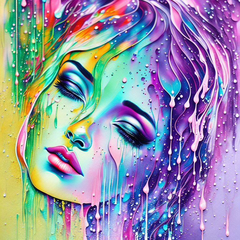 Vibrant portrait of a woman with closed eyes in psychedelic makeup and dripping paint