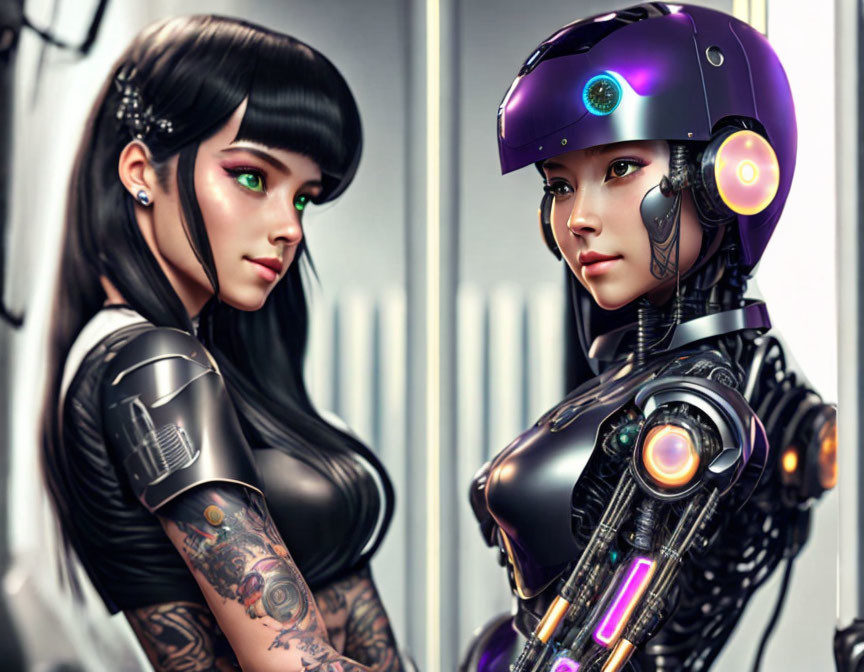 Human with tattoos and robot with helmet and machinery in futuristic setting