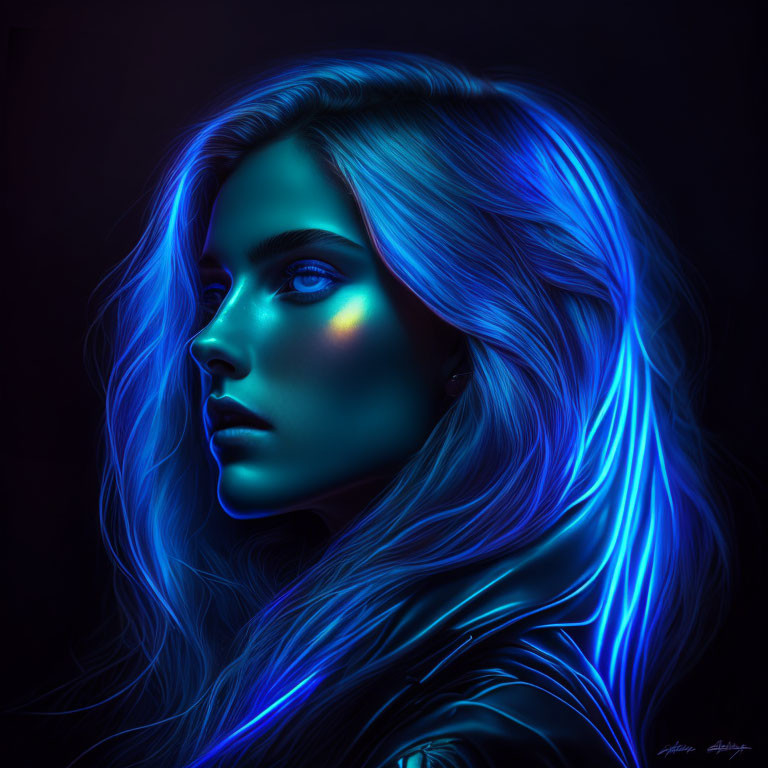 Woman with Glowing Blue Hair and Luminous Skin in Digital Art