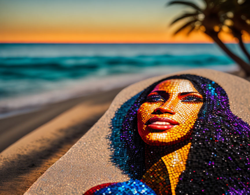 Colorful mosaic artwork of a woman's face on a beach at sunset