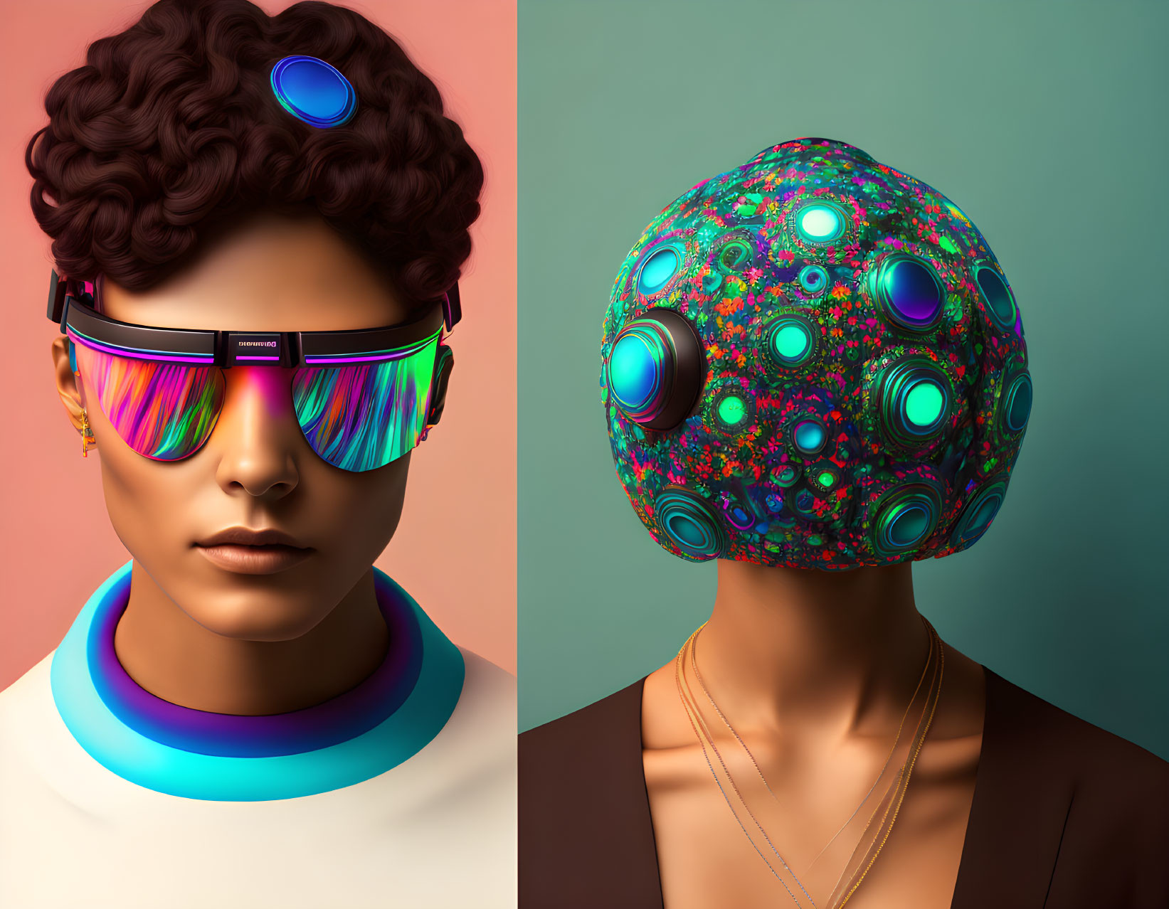 Dual-tone background splits futuristic sunglasses person and patterned helmet person.