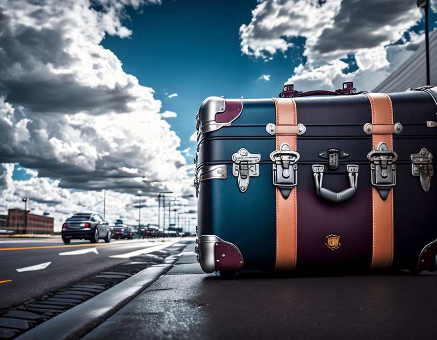 Vintage-Style Suitcase on City Street with Cars and Cloudy Skies