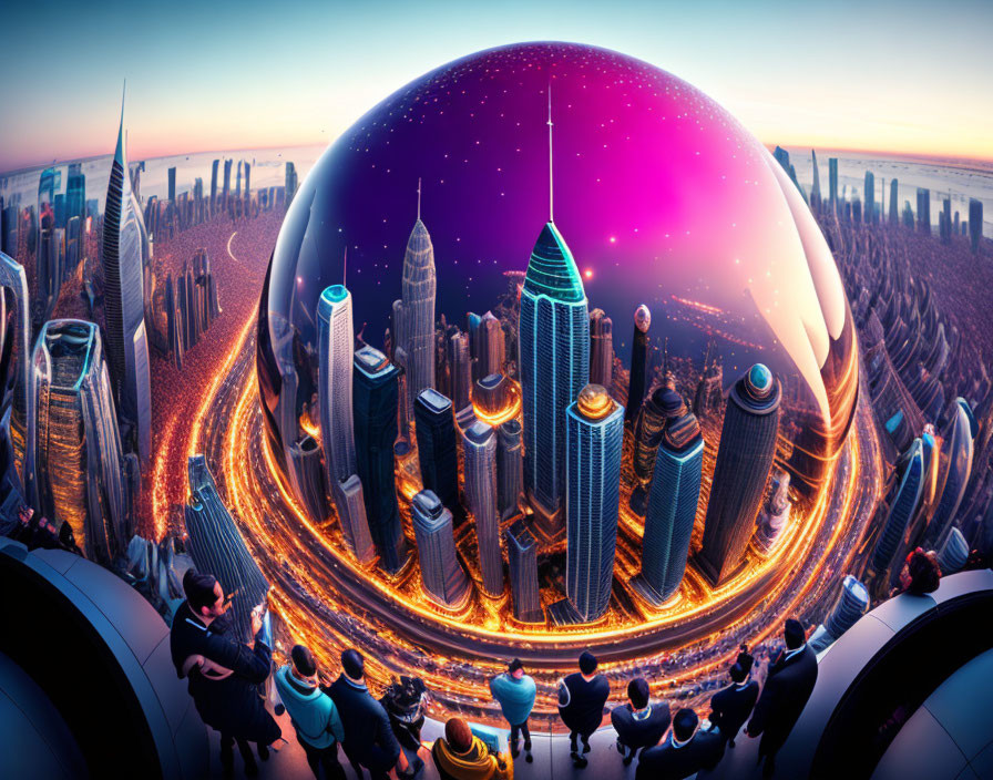 Futuristic cityscape with skyscrapers, luminous highway, and cosmic orb landscape.