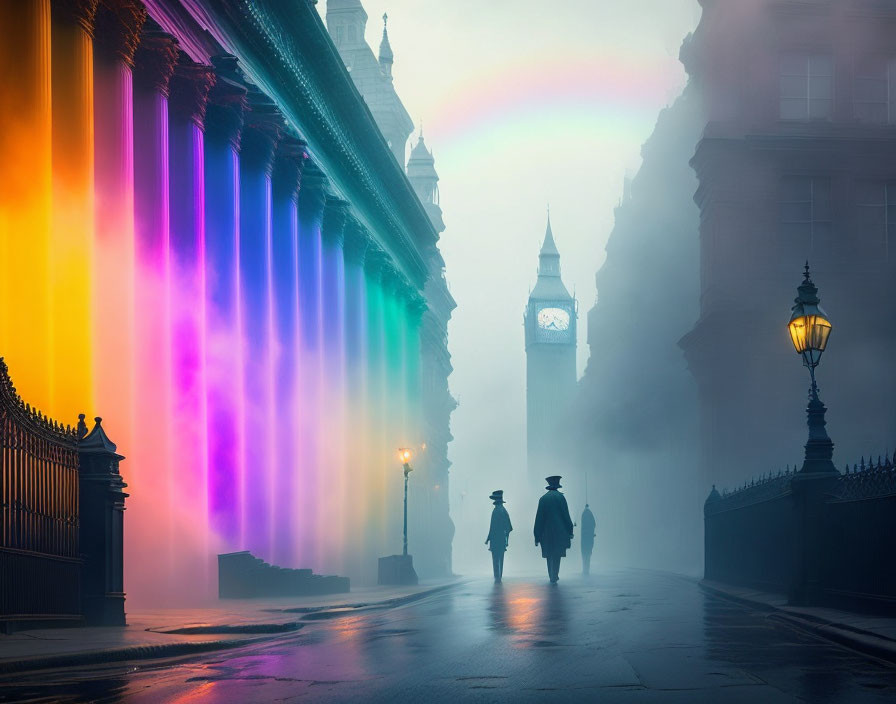 People walking towards clock tower in misty street with colorful light beams.