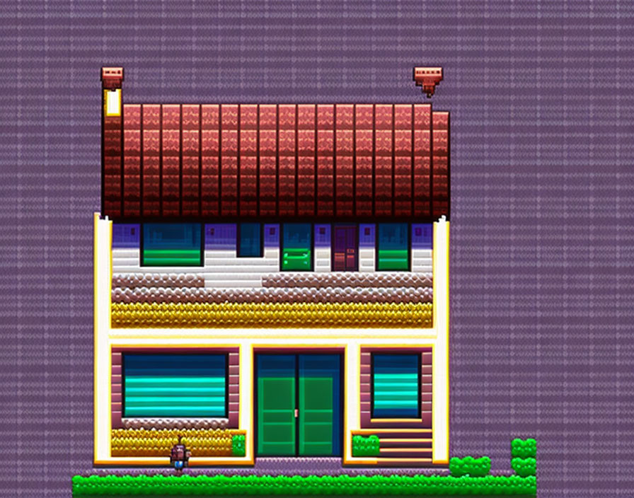 Pixel Art Style Two-Story House with Red Roof and Green Door