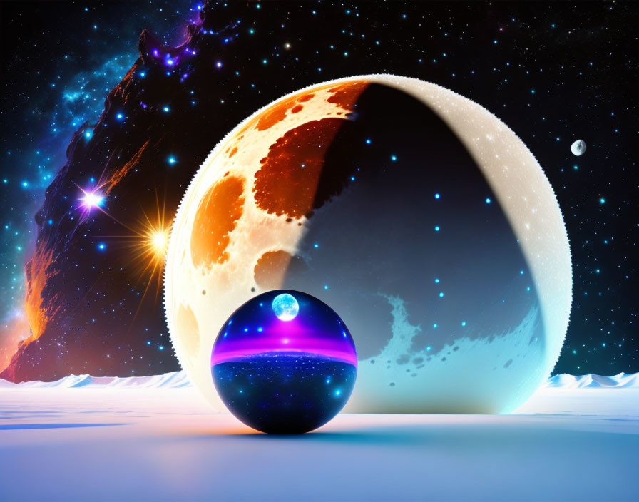 Colorful space scene with moon, planet, sun, galaxy, and icy landscape