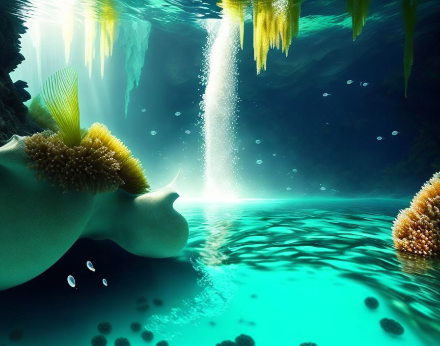 Underwater fantasy scene with large fish, bubbles, coral, and rays of light