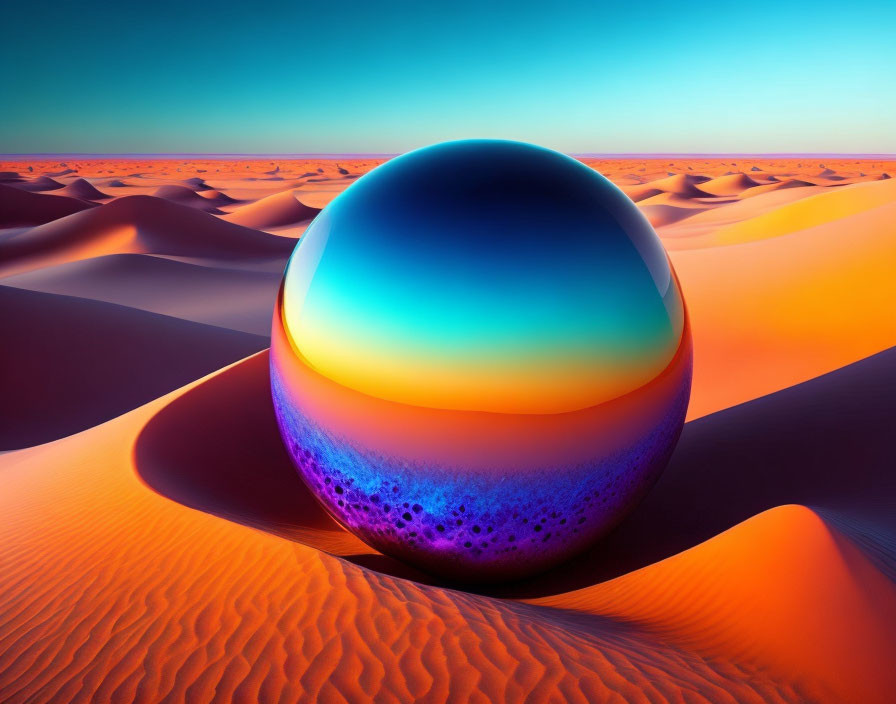 Vibrant glossy sphere on desert dunes under gradient sky