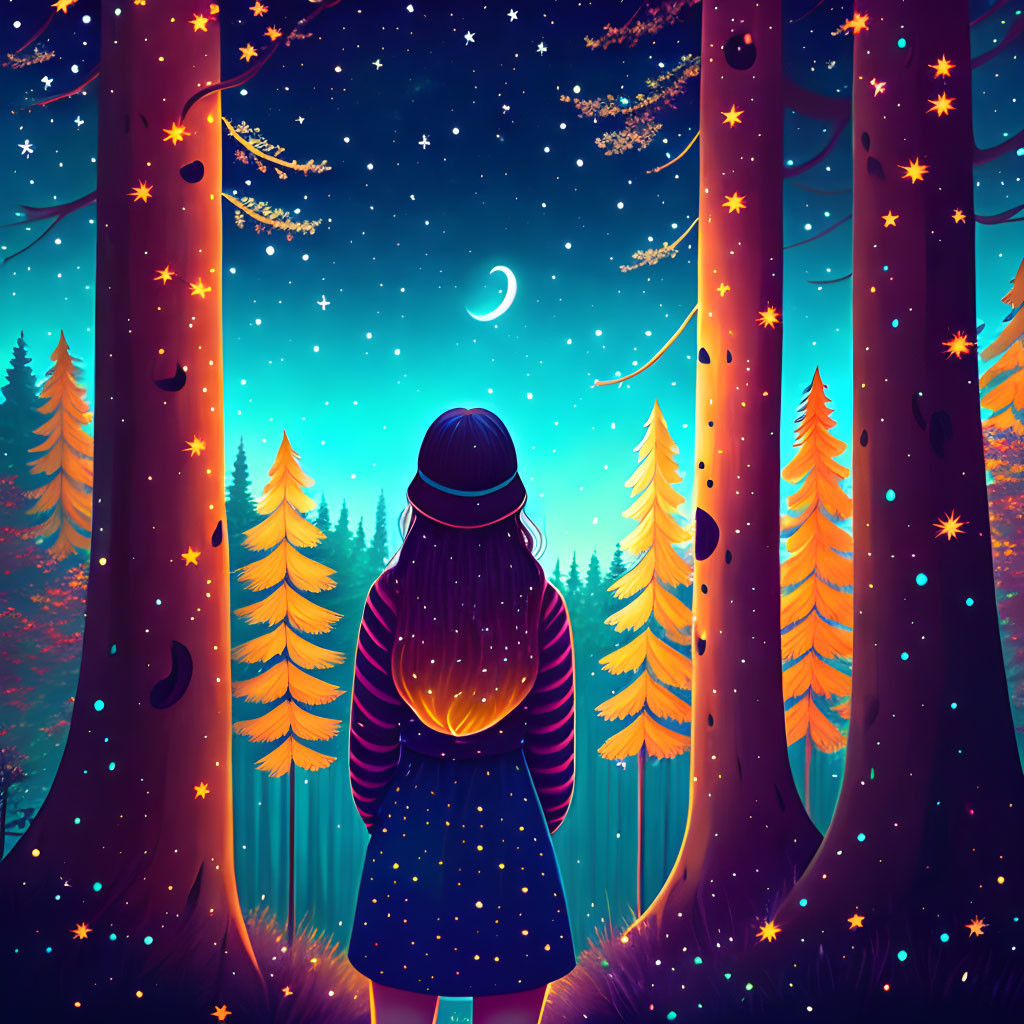 Person in Blue Dress in Magical Night Forest with Crescent Moon