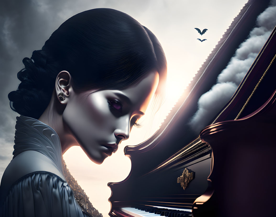 Dark-haired woman with silver earrings and dramatic makeup near grand piano under twilight sky with flying birds.