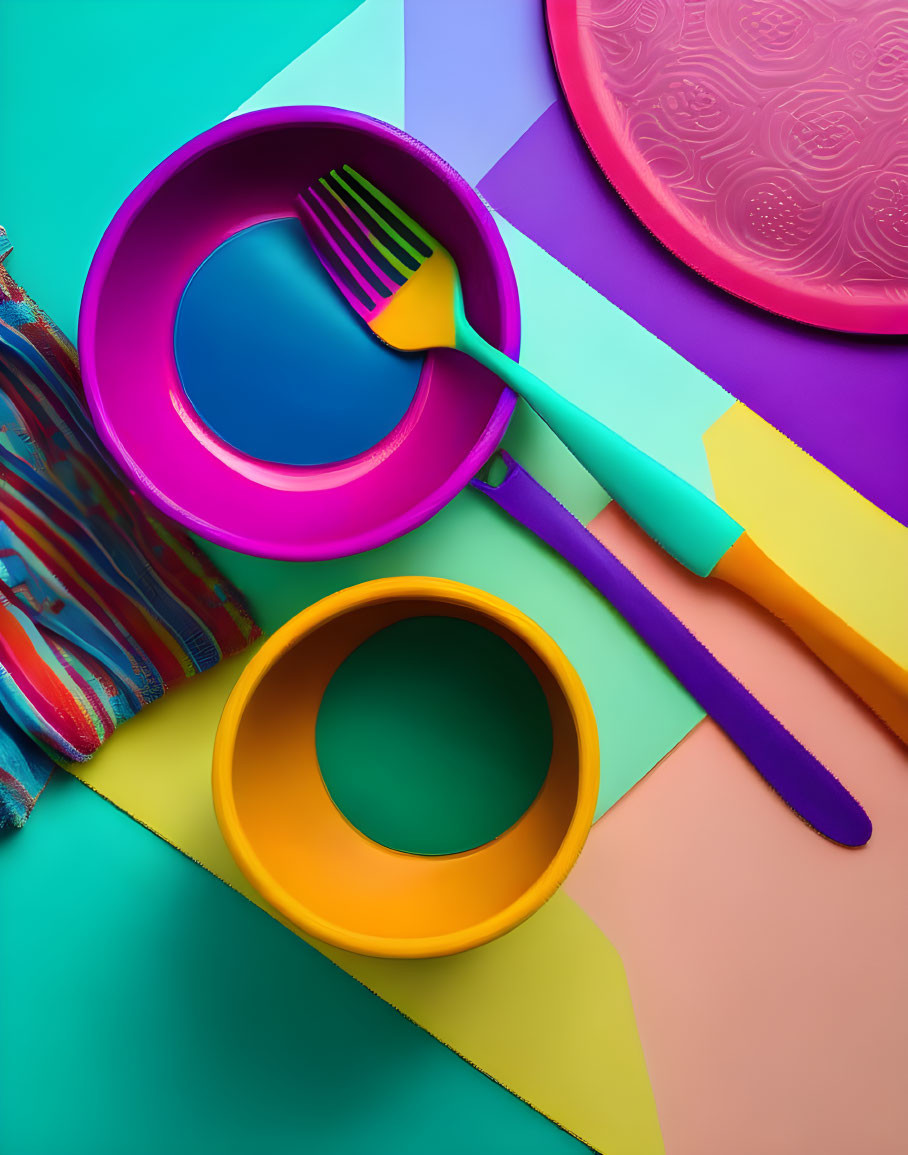 Vibrant Table Setting with Bright Dishes and Geometric Background