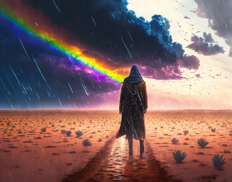 Cloaked figure on desert trail under stormy sky with rainbow