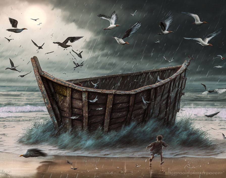 Child running towards large beached boat under stormy sky with seagulls and rain.