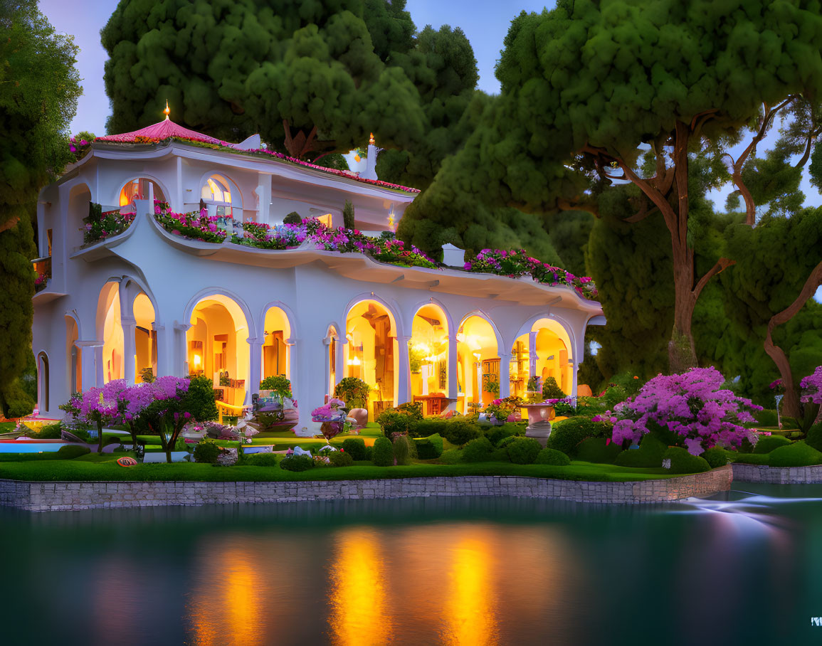 White Villa Illuminated at Dusk with Lush Gardens, Trees, and Pond