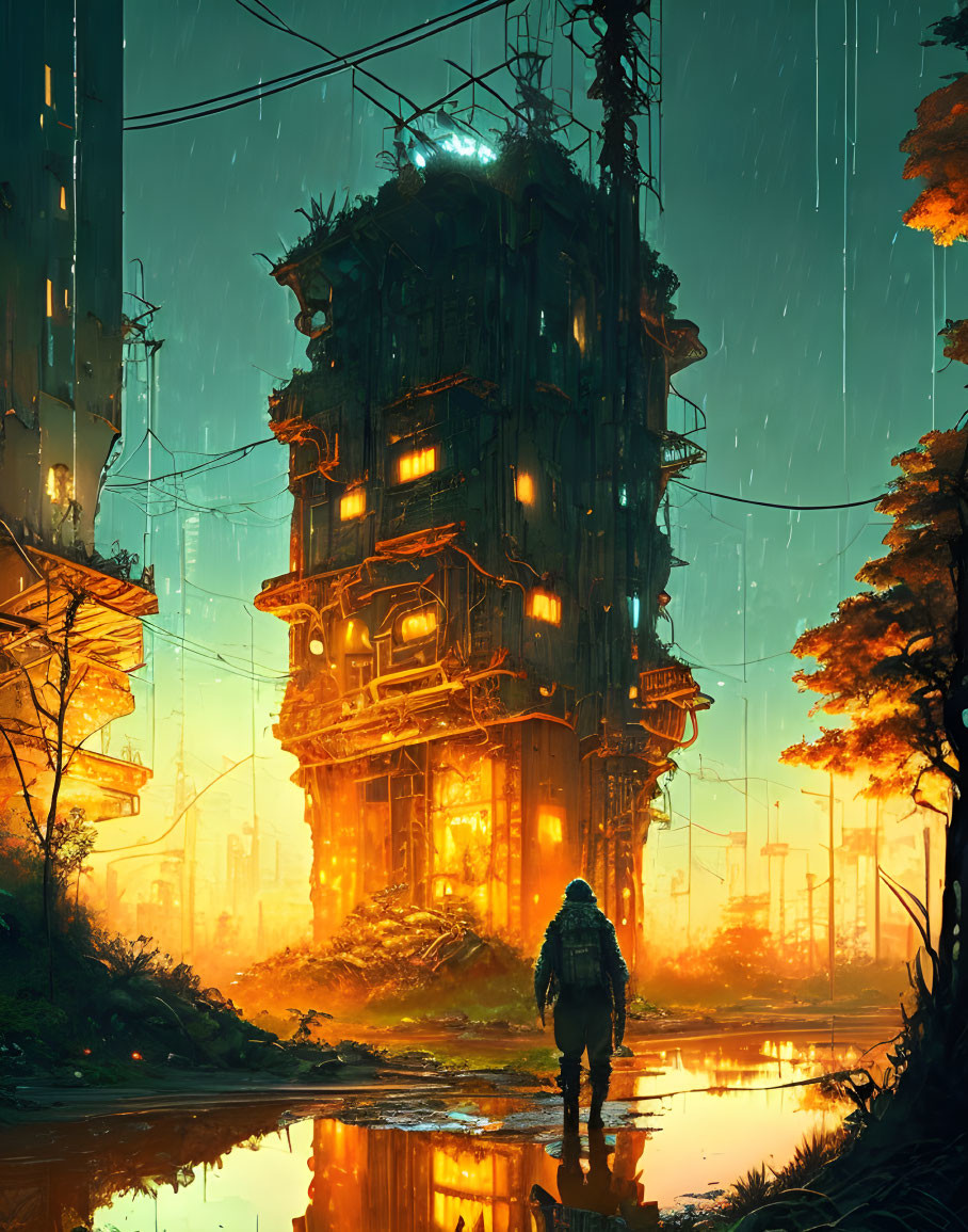 Lonely figure in front of rain-soaked cyberpunk skyscraper