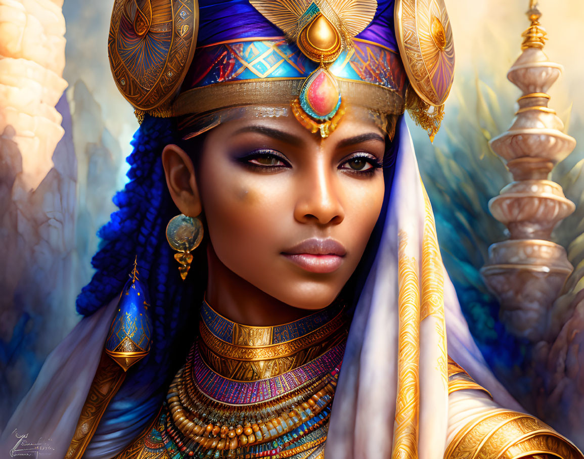 Regal woman in blue and gold Egyptian headdress and ornate jewelry