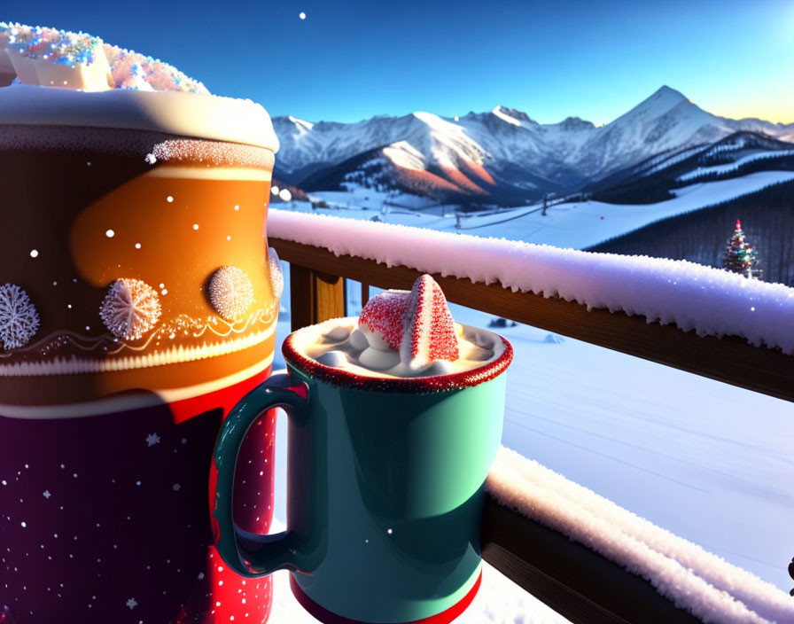 Festive mugs on snowy railing, mountain landscape, creamy beverage with star cookie