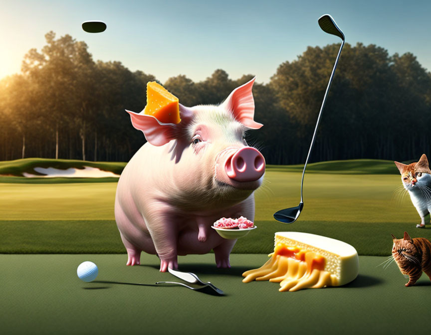 Pig with Cheese Wedge on Head Plays Golf with Cats Watching