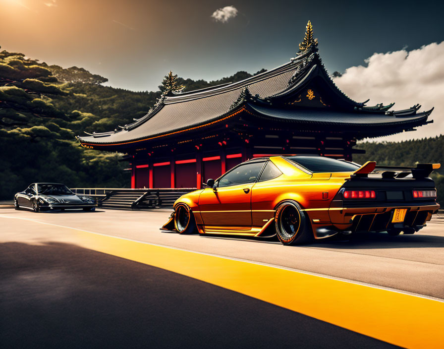 Modified sports cars parked at Japanese temple in scenic sunset landscape