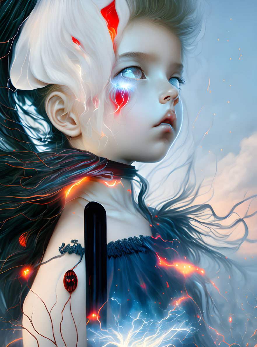 Young girl with glowing red markings and electric hair in digital artwork