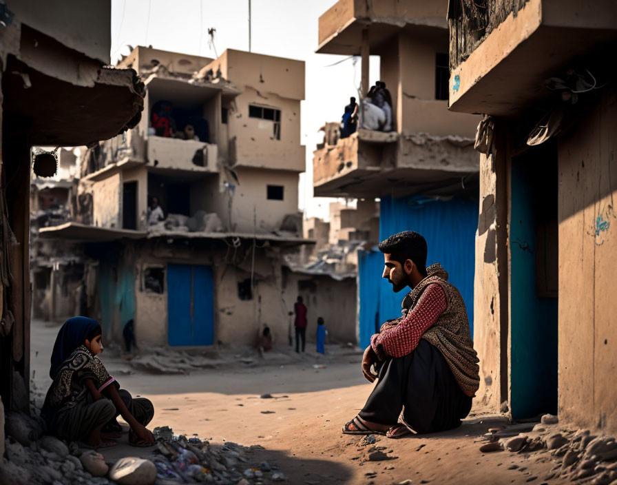 Man and child in sunlit alley with onlookers above