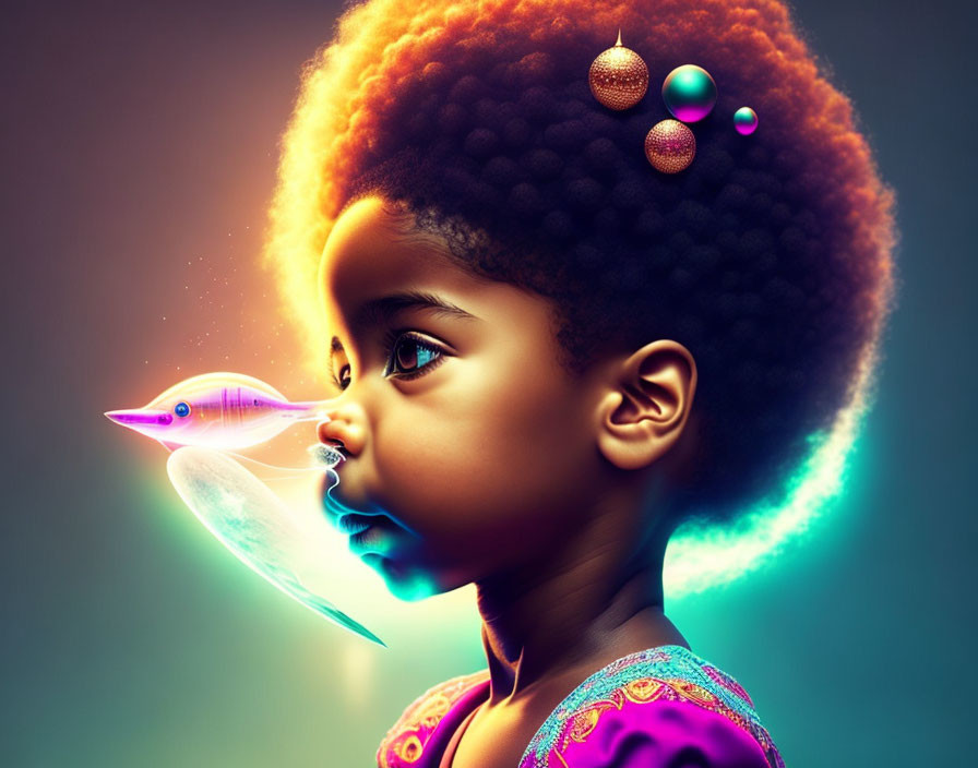 Colorful digital artwork of child with afro and neon bird on dark backdrop