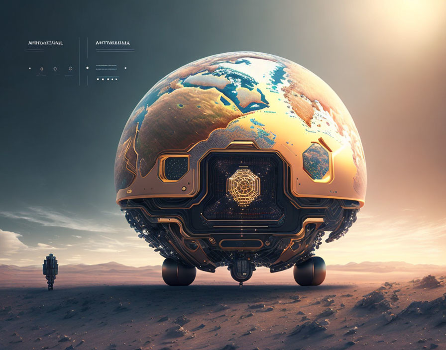 Detailed futuristic globe structure with robotic figure in desert landscape