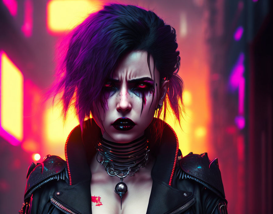 Woman with Purple Hair and Punk Makeup in Neon-Lit Setting