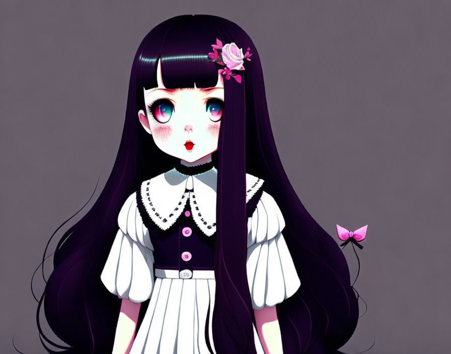 Illustration of girl with large eyes, black hair, pink flower, black and white dress on grey