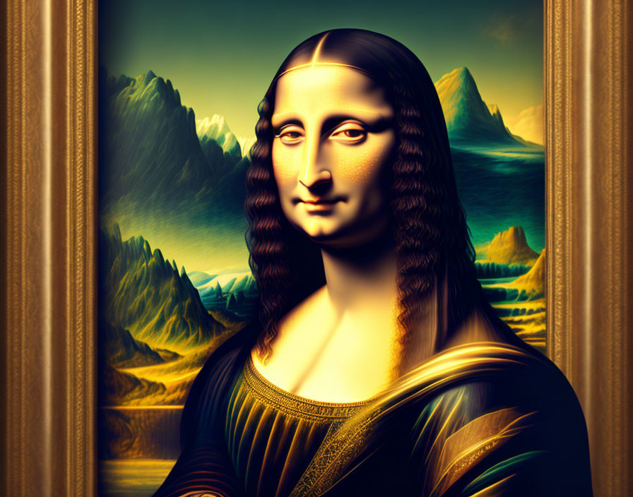 Stylized Mona Lisa in Golden Palette Against Mountainous Backdrop