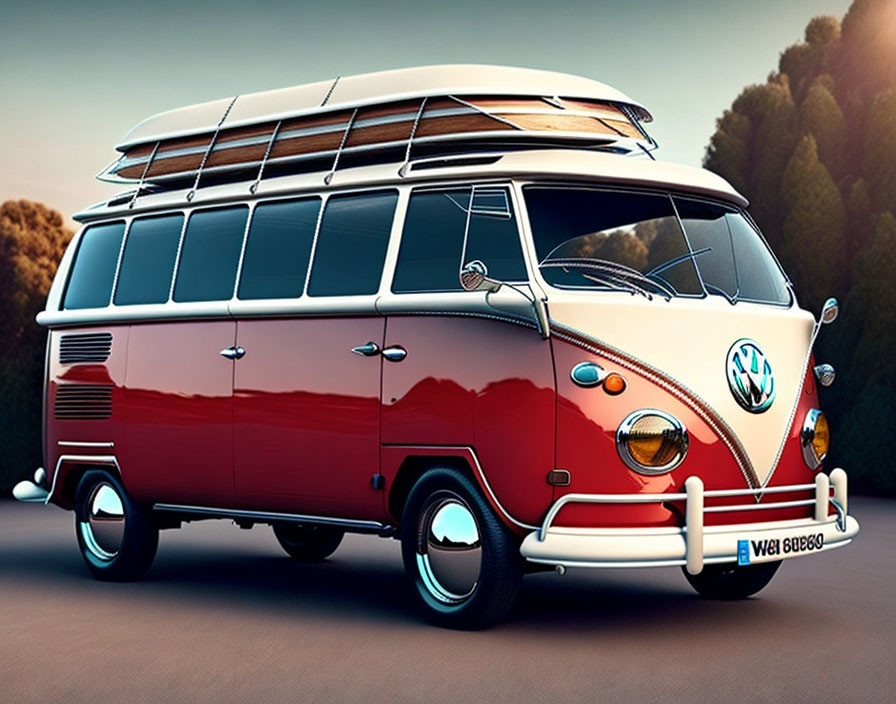 Classic Red and White Volkswagen Van with Surfboard on Roof Outdoors