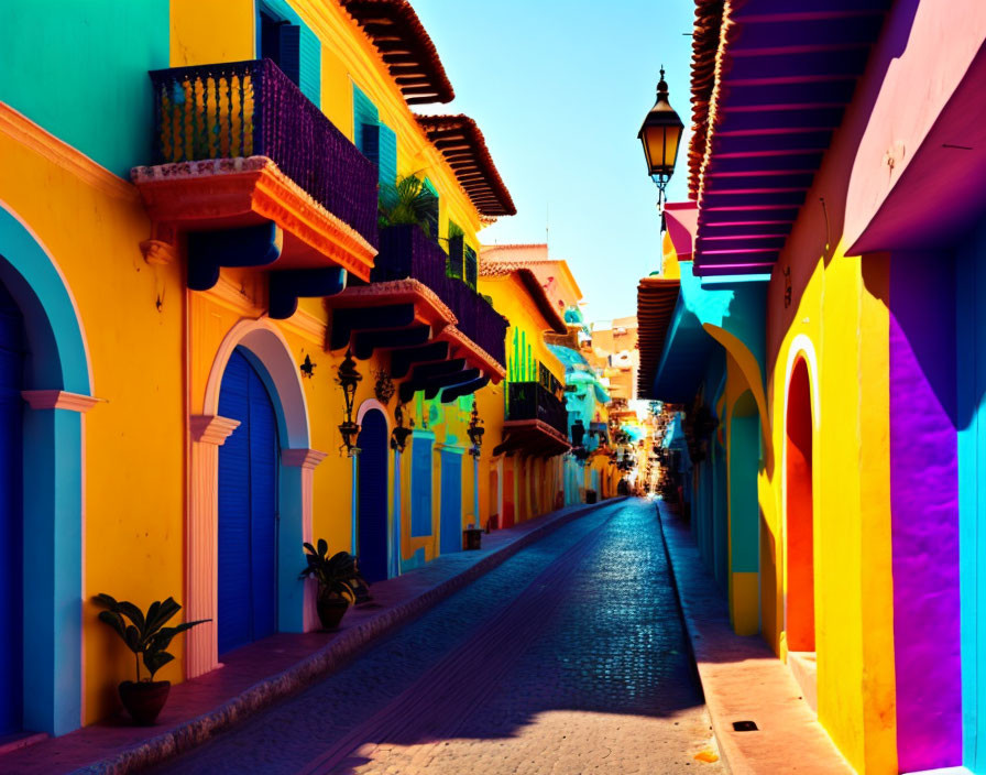 Vibrant colonial buildings on cobblestone street under blue sky